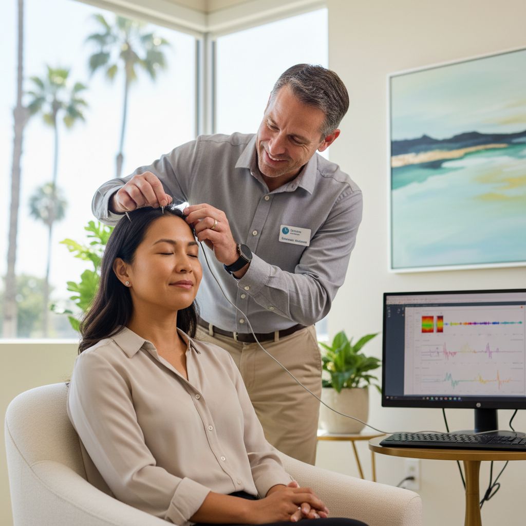 Licensed therapist placing EEG sensors on client's head during neurofeedback therapy session in serene San Diego office