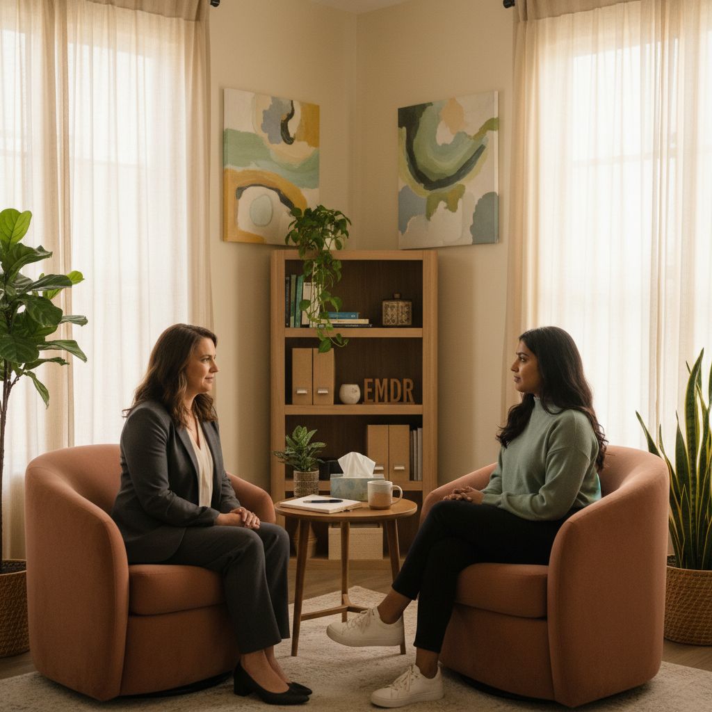 Professional therapist and client in a serene therapy room discussing trauma-informed care, emphasizing safety and wellness.
