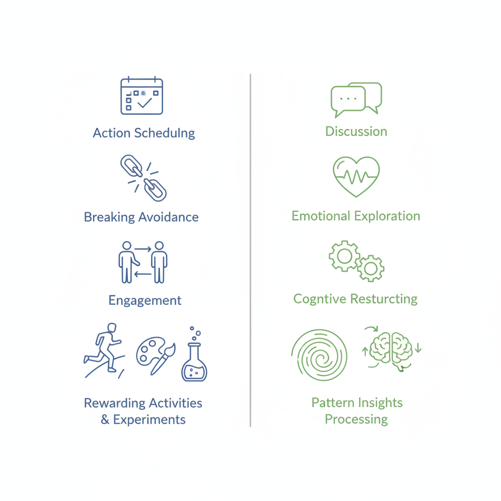 Infographic comparing behavioral activation therapy and traditional talk therapy through icons and visuals.