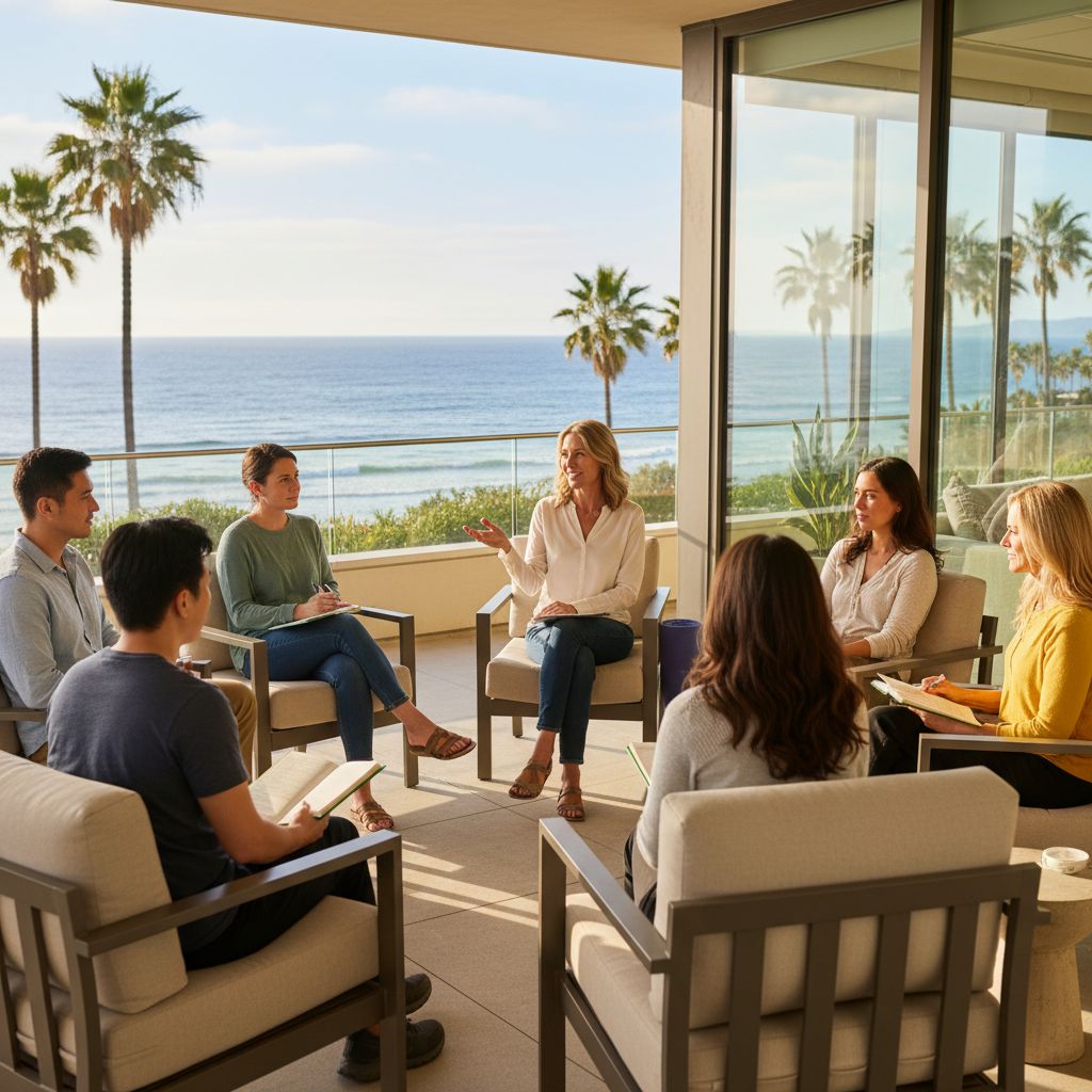 Diverse group in supportive group therapy session at serene San Diego mental health facility overlooking ocean.