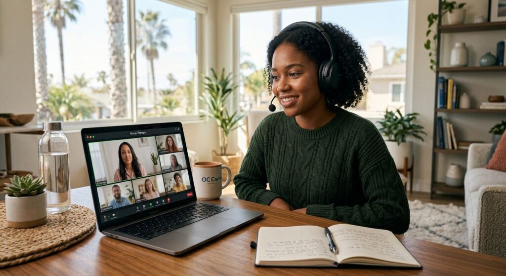 Diverse young adult engaged in virtual IOP therapy session from bright modern Orange County living room, looking hopeful with laptop group call.