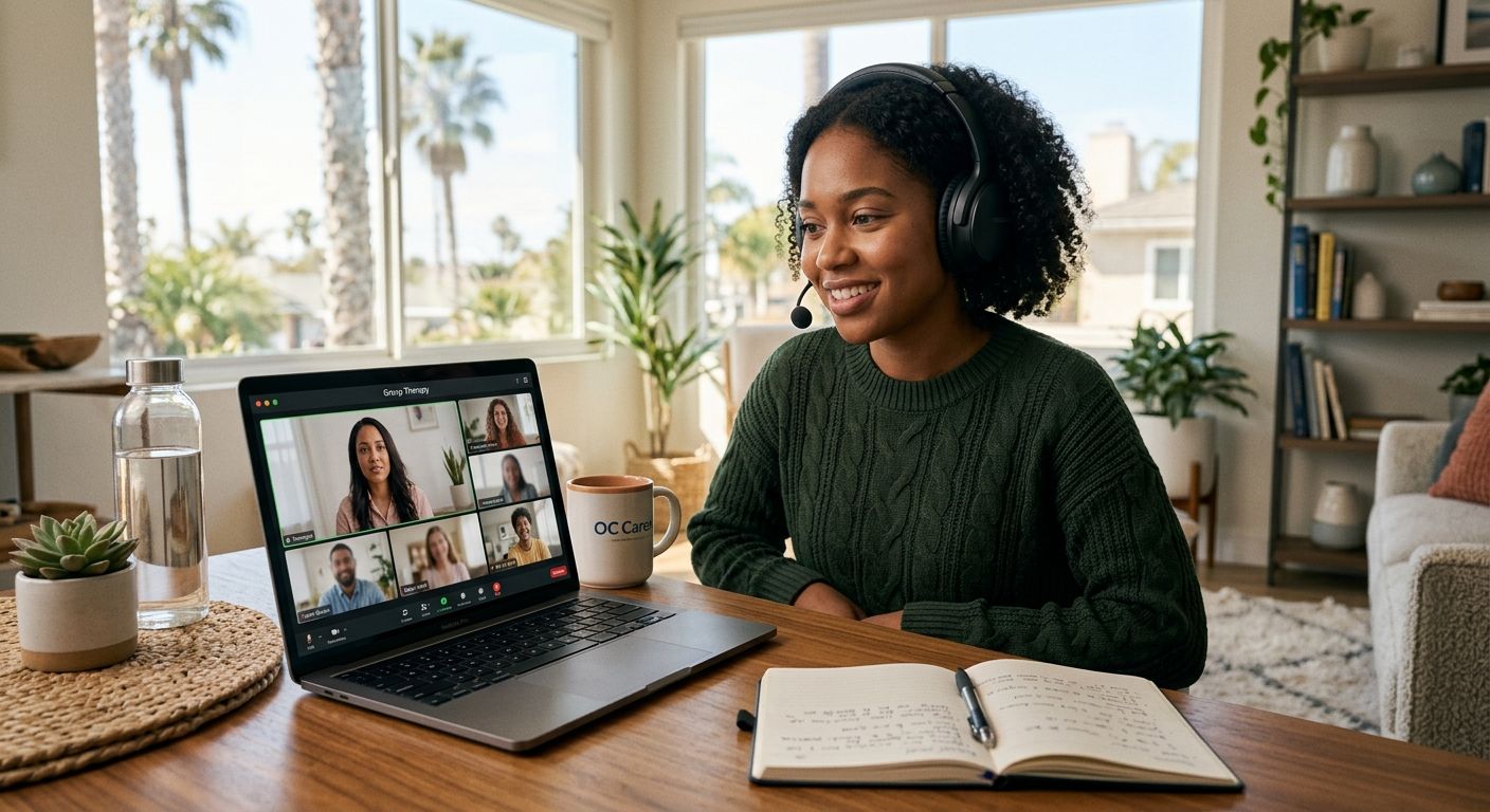Diverse young adult engaged in virtual IOP therapy session from bright modern Orange County living room, looking hopeful with laptop group call.