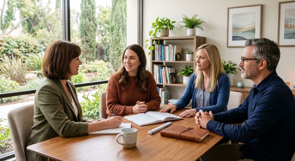 Compassionate multidisciplinary therapy team supporting client in modern San Diego wellness room for eating disorder treatment.