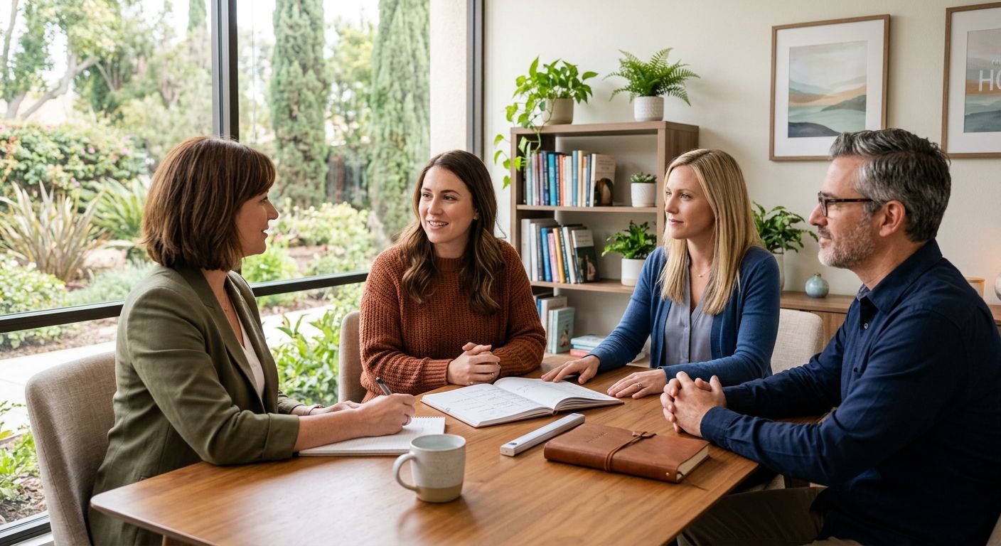 Compassionate multidisciplinary therapy team supporting client in modern San Diego wellness room for eating disorder treatment.
