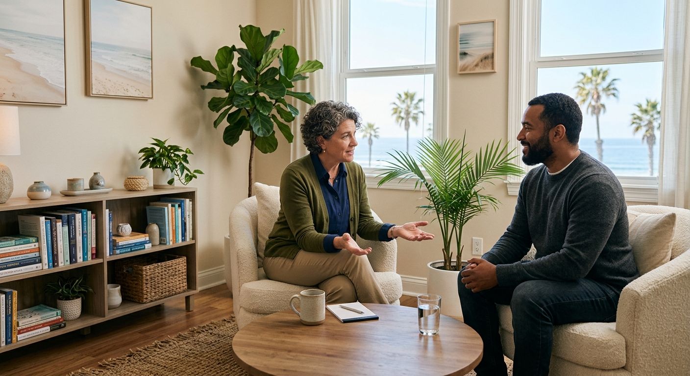 Compassionate therapist welcoming diverse adult client in modern San Diego therapy office with ocean view and calming decor.