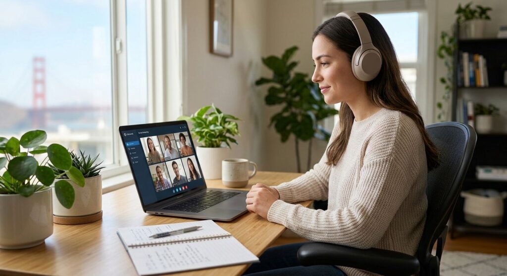 Young adult woman in bright California home office on laptop video call with therapist and group for virtual IOP therapy session, Golden Gate Bridge view, warm lighting.