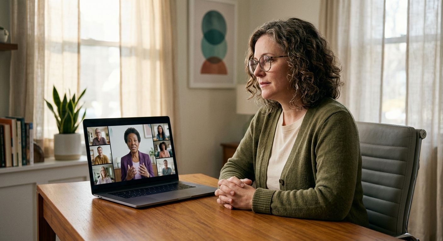 Diverse adult participating in virtual trauma therapy IOP session via laptop in cozy home office with therapist and group visible on screen.
