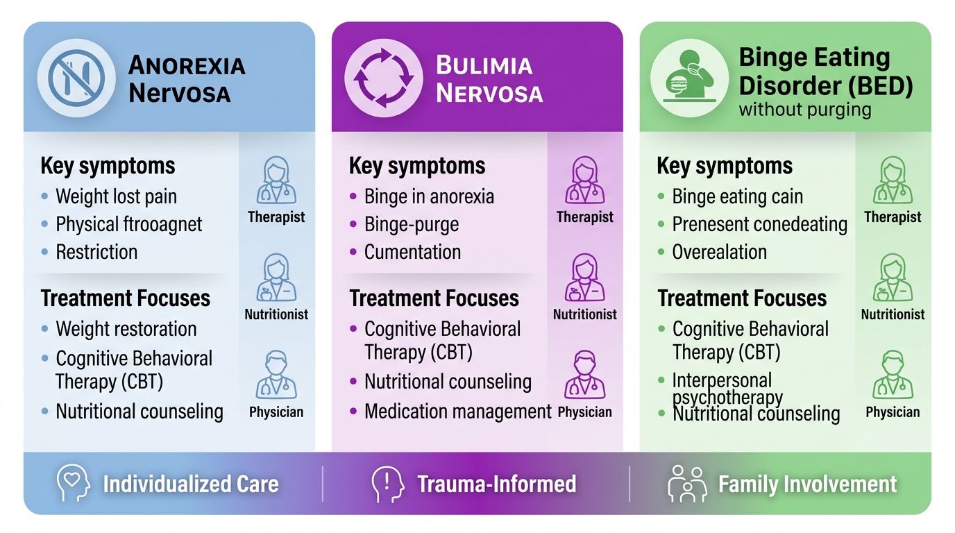 Infographic comparing Anorexia Nervosa, Bulimia Nervosa, and Binge Eating Disorder with symptoms, treatments, and core principles.