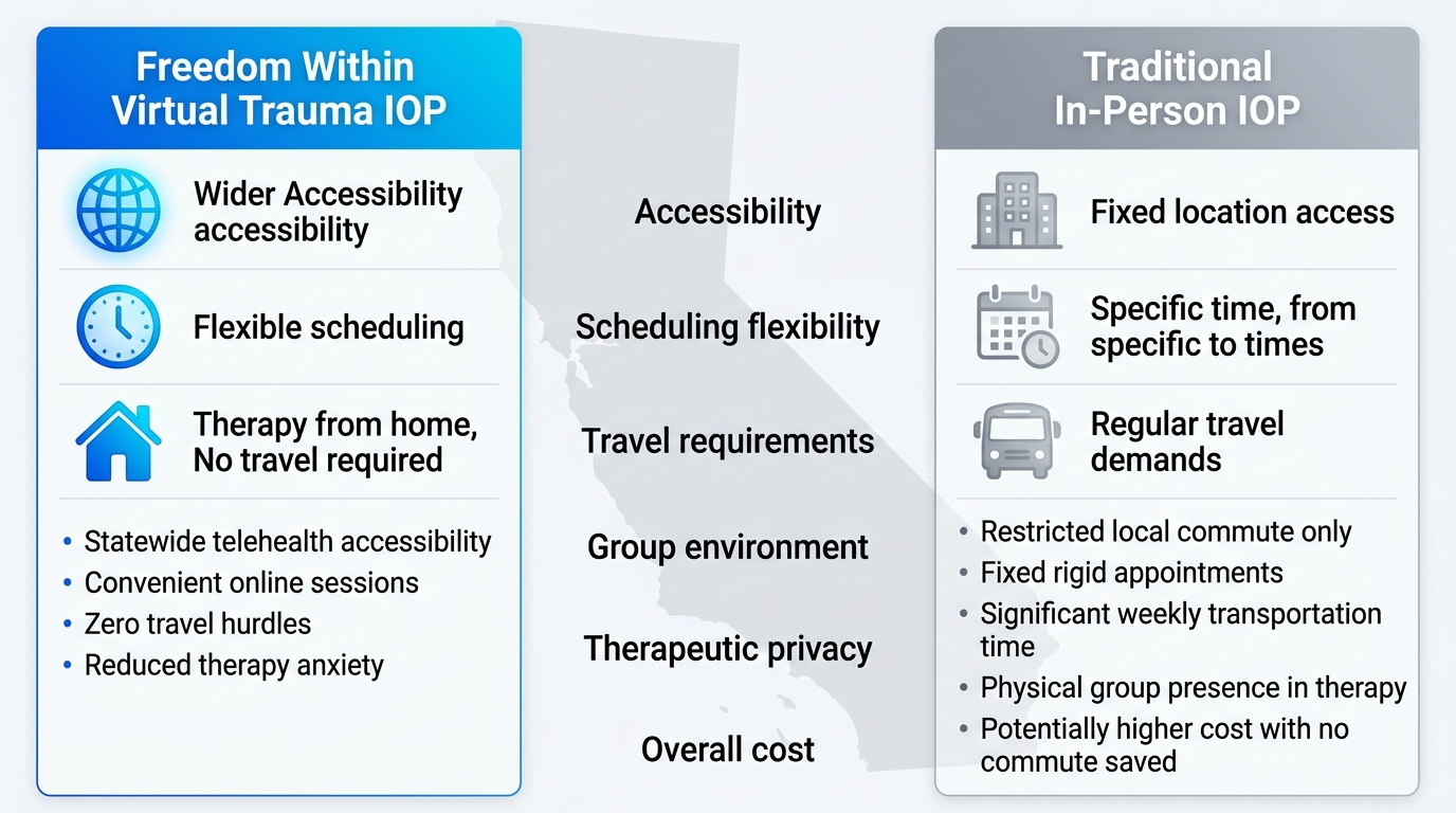 Infographic comparing Virtual Trauma IOP and traditional in-person IOP, highlighting accessibility, flexibility, and cost benefits