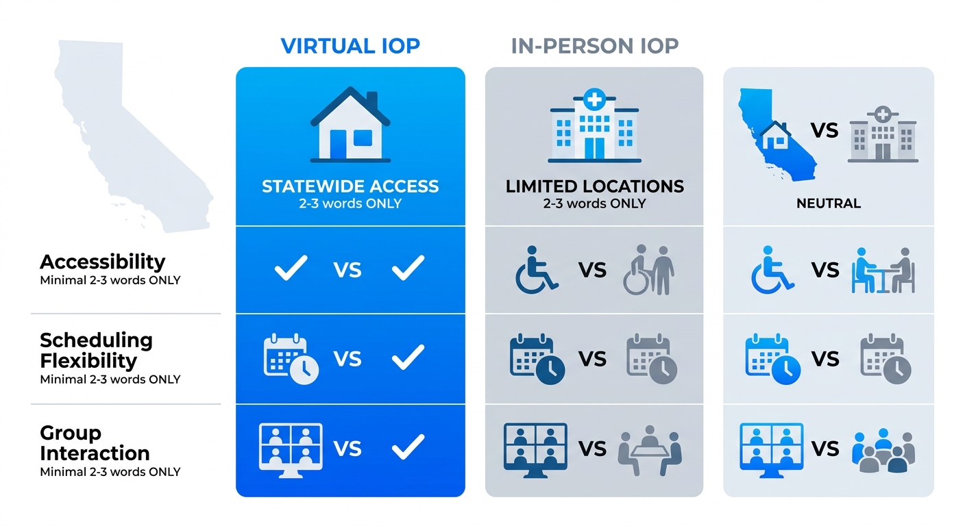 Infographic comparing Virtual IOP and In-Person IOP in California, highlighting accessibility, scheduling flexibility, and group interaction advantages of virtual option
