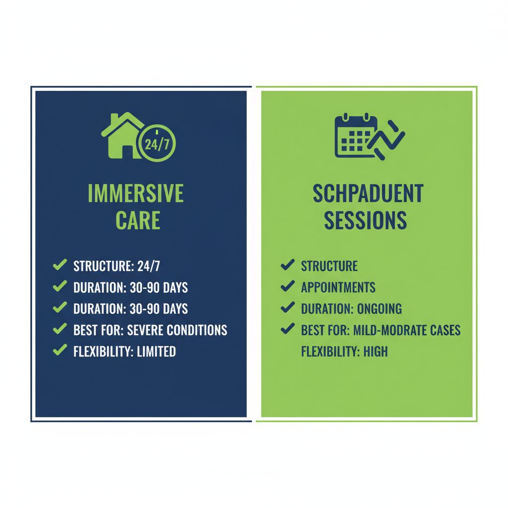 Infographic comparing residential and outpatient mental health treatment programs side by side with icons and key aspects.
