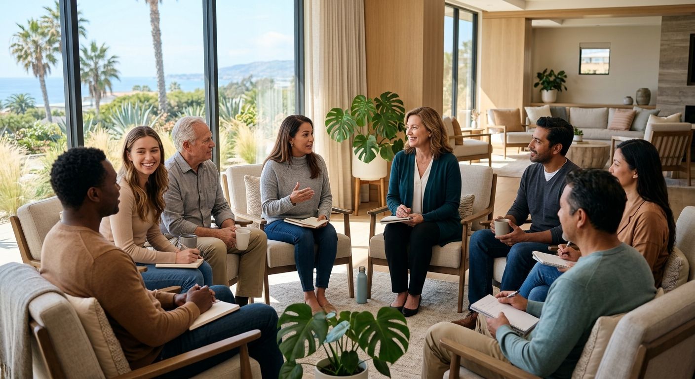 Diverse adults in group therapy circle in sunlit Orange County rehab lounge with coastal views and modern decor.