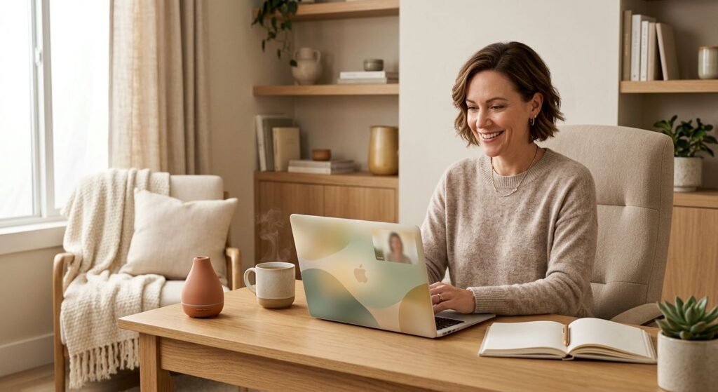 Calming home office with laptop displaying abstract online therapy portal, steaming tea, and cozy armchair, conveying safety and privacy.