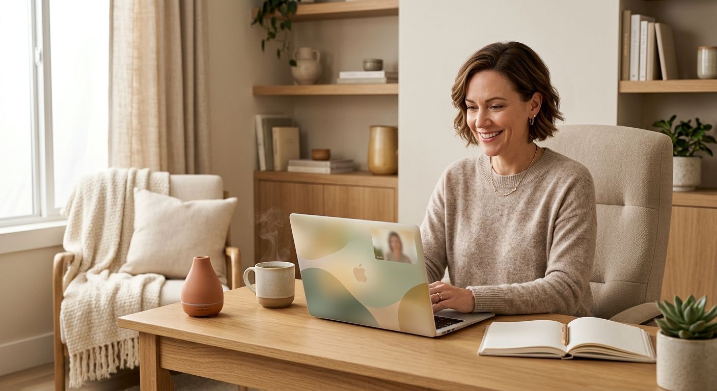Calming home office with laptop displaying abstract online therapy portal, steaming tea, and cozy armchair, conveying safety and privacy.