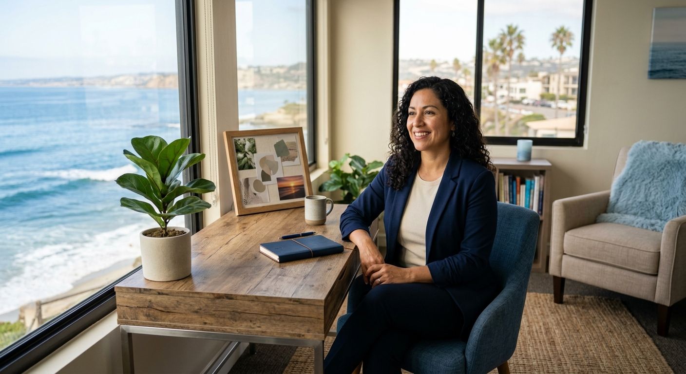 Welcoming interior of a mental health clinic consultation room in San Diego with ocean views, clinician, plants, and calming elements.