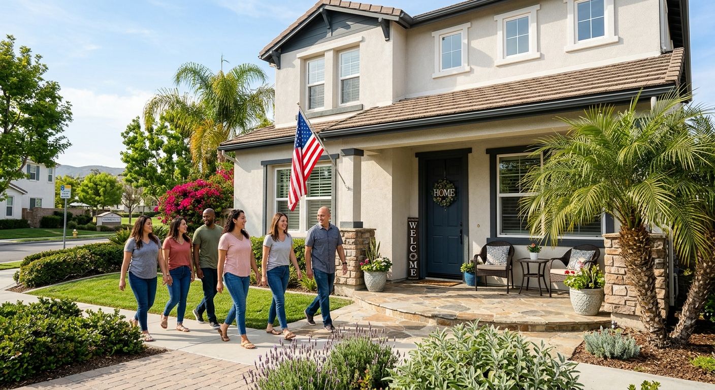 Modern sober living house exterior in sunny Orange County neighborhood with diverse adults walking to support group, evoking hope and community.