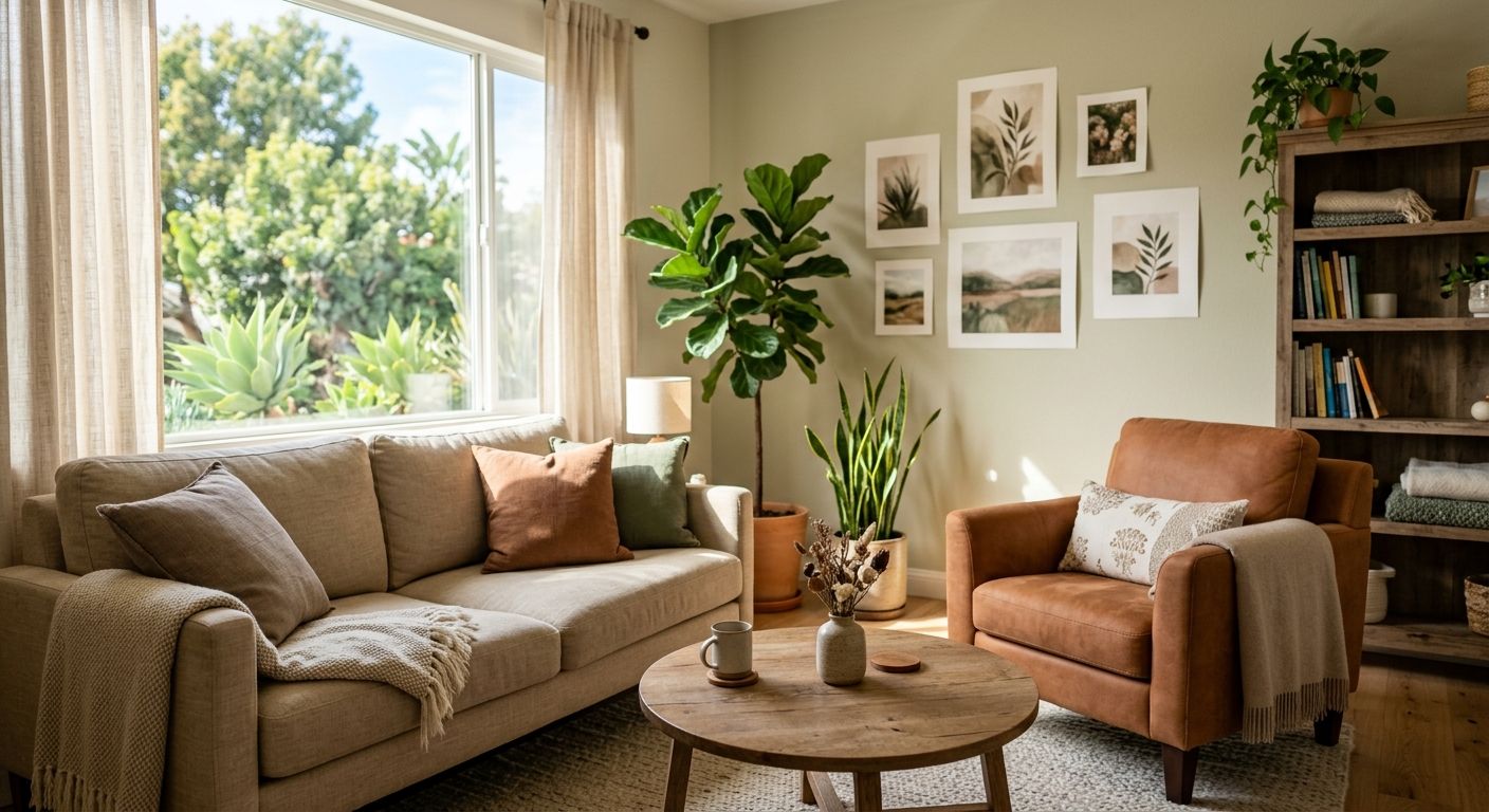 Warm, inviting therapy office in San Diego with comfortable seating, natural light, and plants.