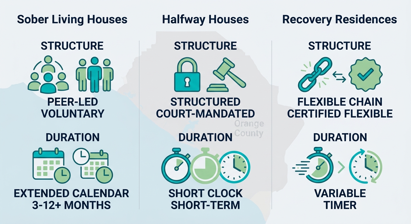 Infographic comparing Sober Living Houses, Halfway Houses, and Recovery Residences by structure and duration using icons and minimal labels in blue-green tones
