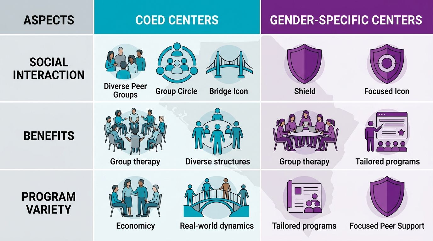 Infographic comparing coed and gender-specific rehab centers by social interaction, benefits, and program variety