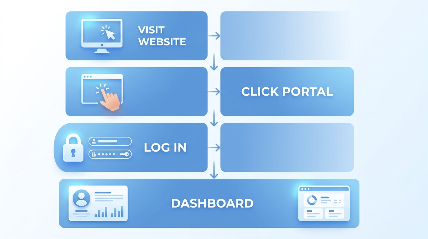 Vertical diagram of four steps: visit Freedom Within Center website, click client portal link, enter registered email and password, access dashboard